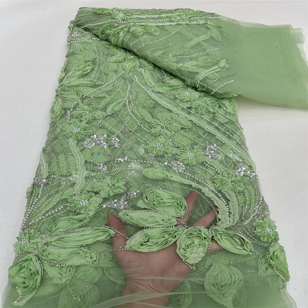 2024 модная французская сетка 3D цветы вышивка бисер кружевная ткань с блестками