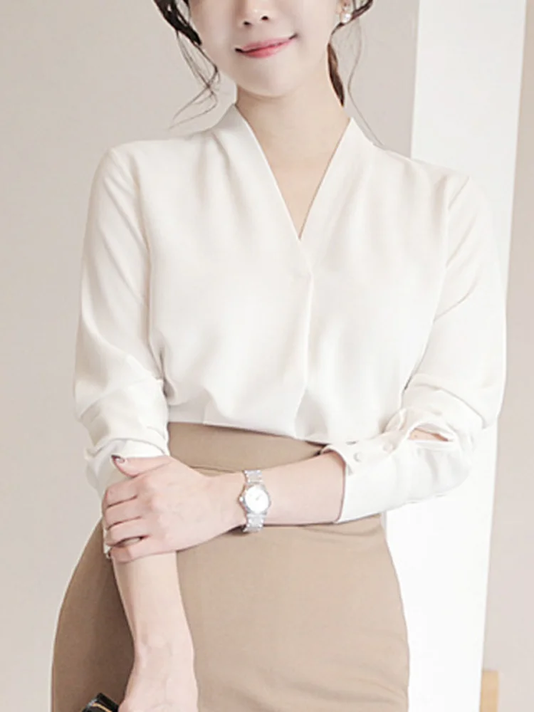 

Blouse Women Ladies Tops V-neck Chiffon Shirt Pullovers Fashion Buttons Solid Color Long Sleeve Spring Loose Type Tenafeicc