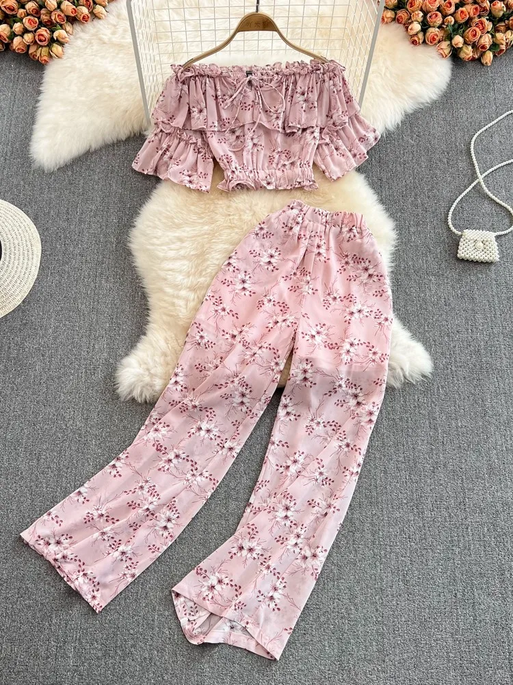 

Women Summer Boho Floral Beach Pants Set Sexy Slash Neck Off Shoulder Short Top s& High Waist Leg Long Pants Two Piece Suits