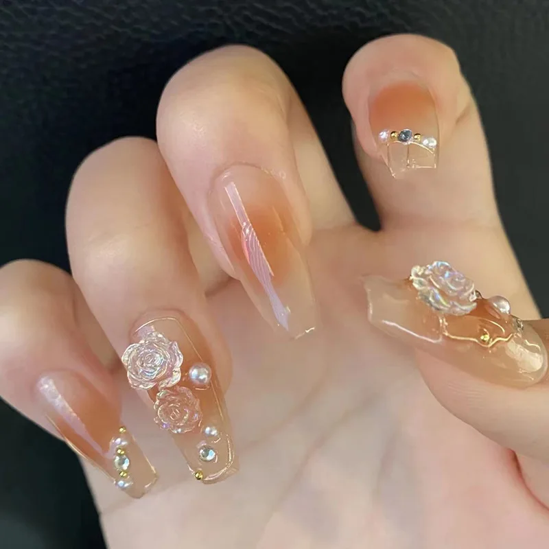 

Fashion Beauty Tools 24PCS Ballet Fake Nail 3D Relief Camellia Flower and Pearl Design Short Full Cover Wearable Nail Art