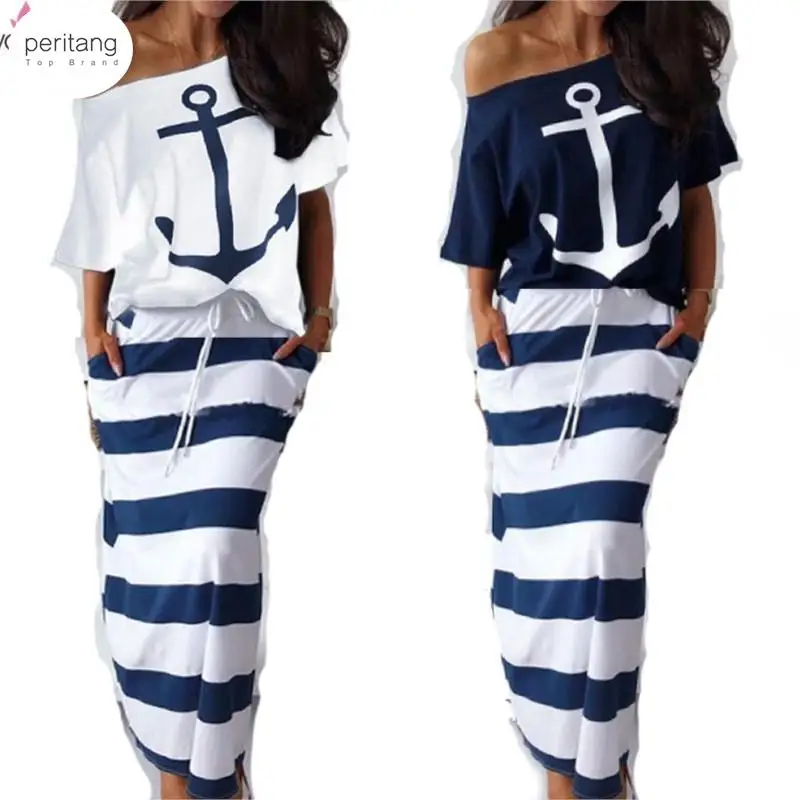 

Женская блузка с открытыми плечами и платье макси в полоску, летний облегающий комплект из 2 предметов с воротником-лодочкой, женское Повсед...