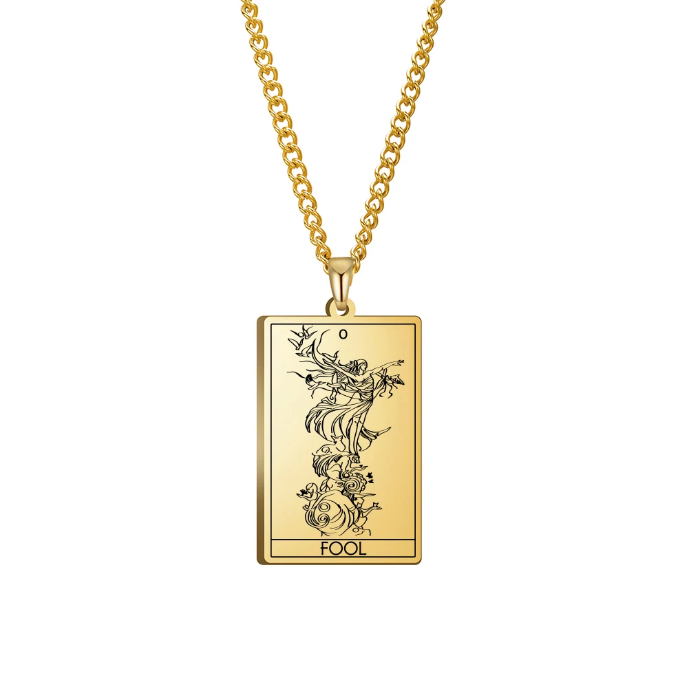 

Stainless Steel Jewelry Dropshipping 3 Colors Black Color Gold Color Steel Color 24x40mm Tarot The Fool Pendant Necklace
