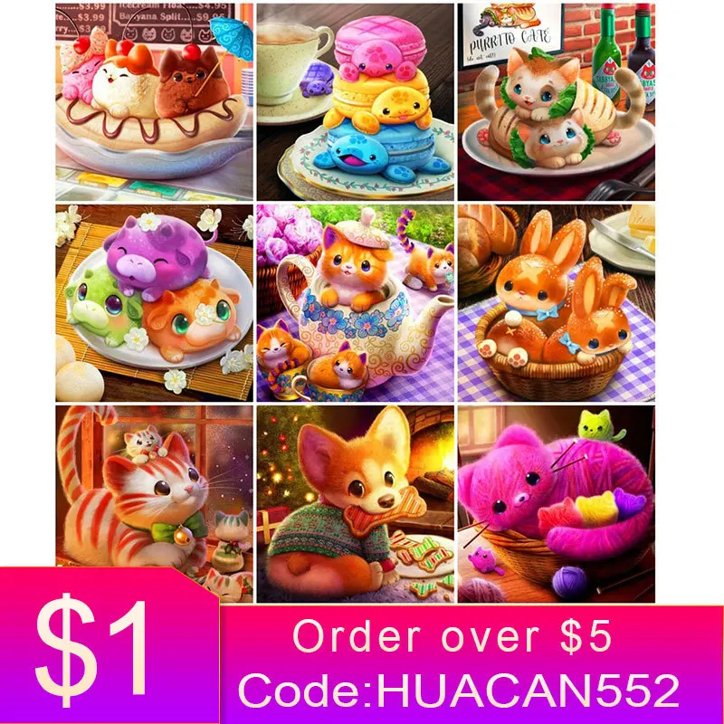 

HUACAN 5D Diamond Rhinestones Paintings Cat Cartoon Diamond Embroidery Cross Stitch Kit Dog Mosaic Turtle Handmade Gift Art