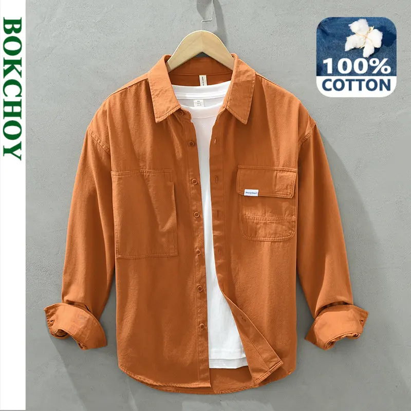 

2022 Autumn Winter New Solid Color Long-sleeved Cargo Men Shirt Big Porcket Handsome Loose Casual All-match Top C2113