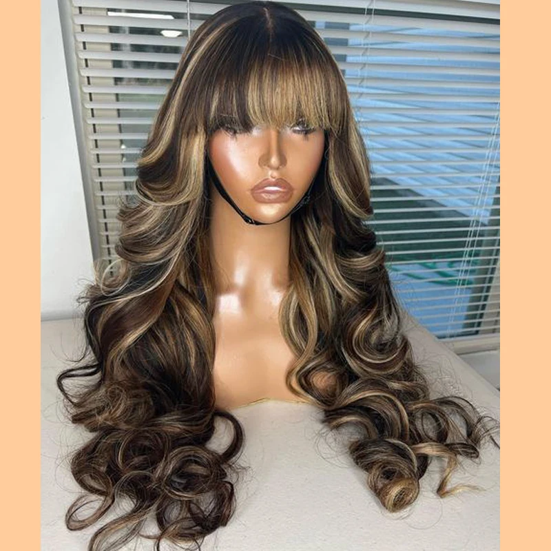 Highlight Dark Blonde Body Wave Glueless Fringe Human Hair Wigs for Black Women 200Density Full Machine Made Bangs Wigs Silk Top