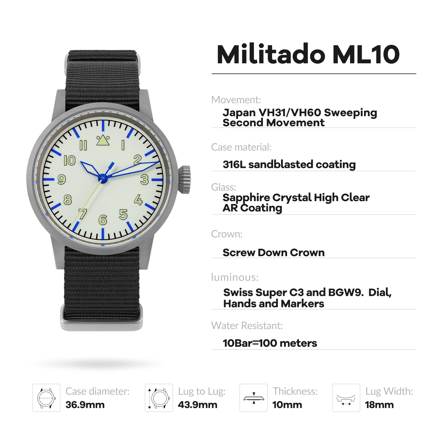 Фото Militado Ml10 V2 37 мм винтажные кварцевые часы VH31 VH60 механизм с сапфировым стеклом швейцарские супер C3 BGW9 100 м водонепроницаемые наручные часы №2