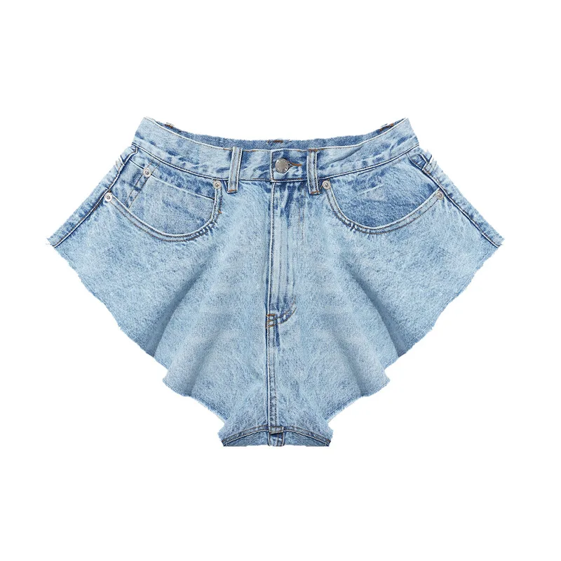 Sexy Ruffle Denim Shorts Washed Pockets Zippers Shorts High Waist Female Bottoms Y2k 2023 New Spring Summer Fashion Blue Shorts