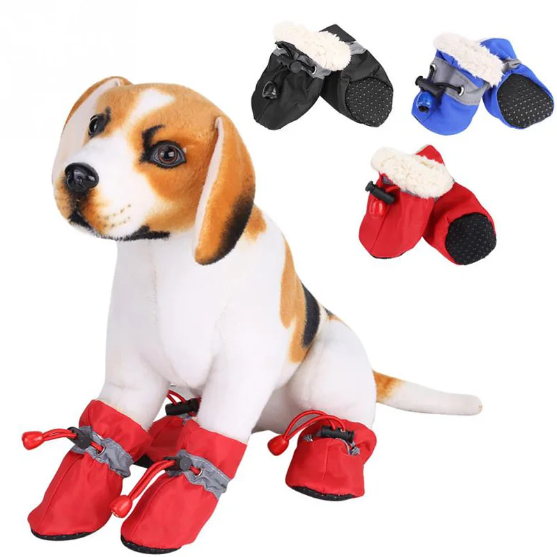 4Pcs Thick Waterproof Anti-slip Pet Rain Snow Boots Warm Dog Shoes Puppy Small Cats Winter Socks Footwear Velvet Pet Supplies