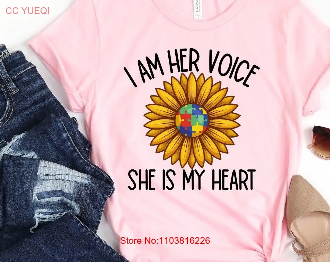 Autism Mom T Shirt Awareness I Am Her Voice She Is My Heart Cute Puzzle Pieces Sunflower long or short sleeves