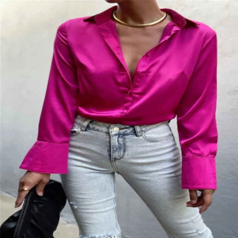 

Fashion Single Breasted Solid Slim Tops Autumn Casual Temperament Blouse Casual Turn-down Collar Long Sleeve Satin Office Shirt