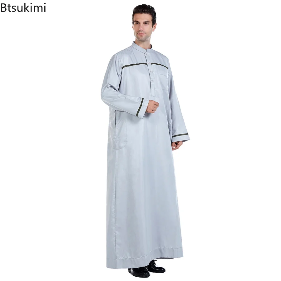 Muslim Jubba Thobe Islam Djellaba Men Plain Stand Collar Robe Middle East Turkish Arab Men Kaftan Business Long Sleeve Abayas