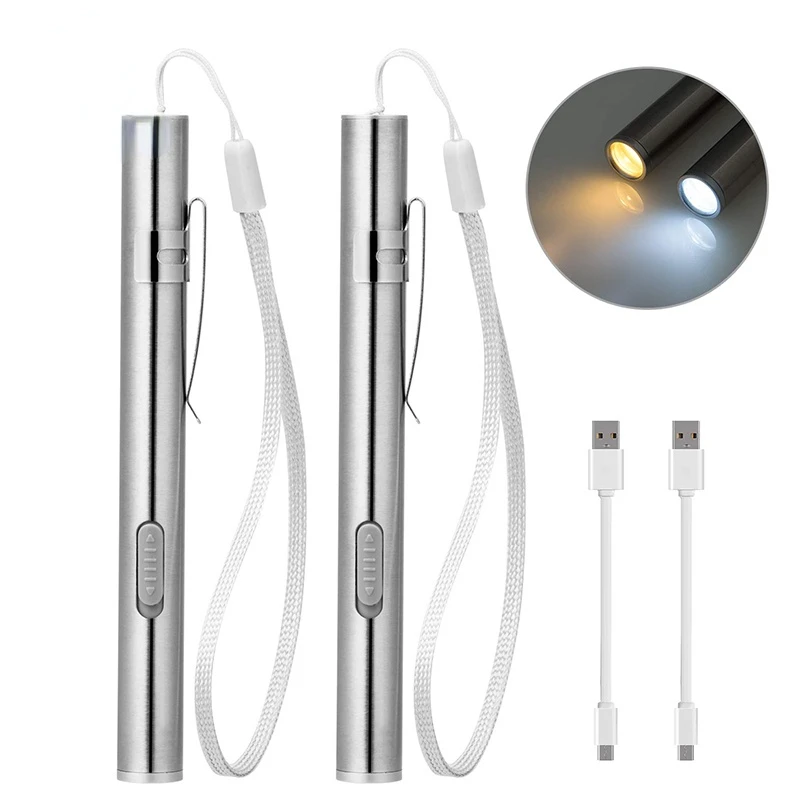 

Фонарик-ручка, перезаряжаемый светодиодный мини-фонарик, холодный белый + теплый белый светильник с USB-кабелем для зарядки, для кемпинга, док...
