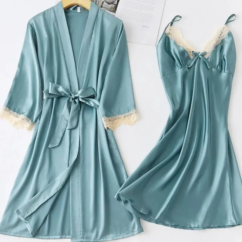

Women Twinset Robe Set Sexy Lace Kimono Bathrobe Gown Spring Summer Sleepwear Nightgown Loungewear Loose Satin Home Clothing