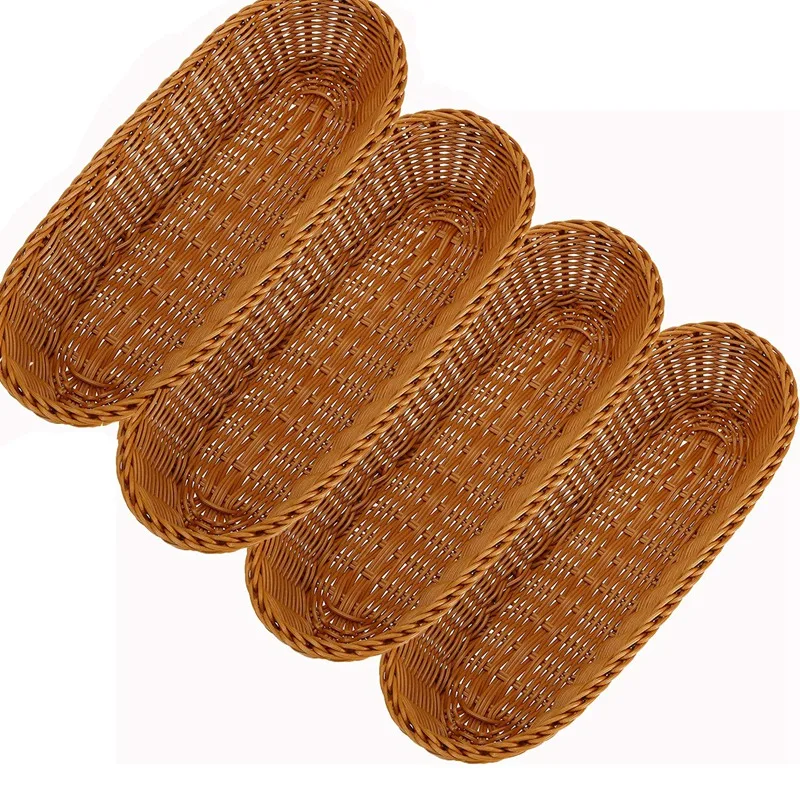

4 Pcs Imitation Rattan Woven Bread Baskets, Woven Food Serving Tray, Baking Display Bread Poly-Wicker Bread Basket