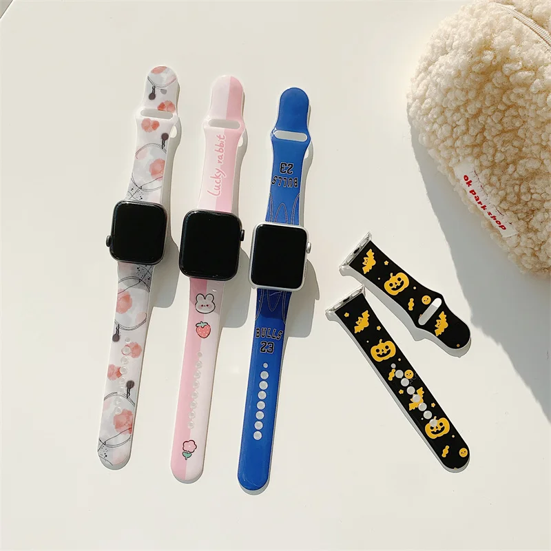 

Ремешок силиконовый для Apple watch 7 band, декоративный браслет с принтом для iWatch Series 5 4 SE 6 44 мм 40 мм, 41 мм 45 мм 38/42 мм