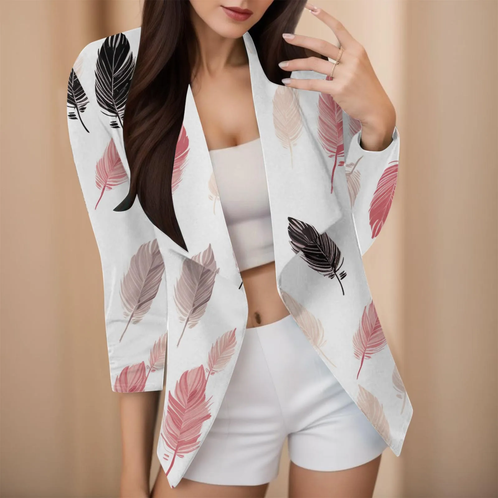 

Women Coat Casual Print Three Quarter Sleeve Open Front Notched Collar Suit Cardigan Office Ladies Coat for Women