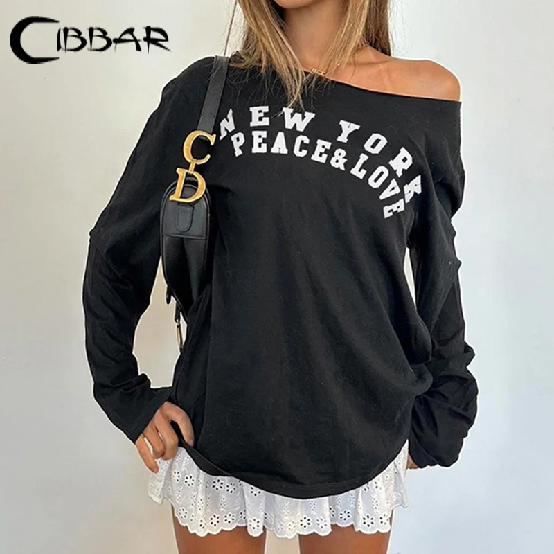 CIBBAR Черная Асимметричная Футболка С Длинными Рукавами Уличная Одежда Y2K