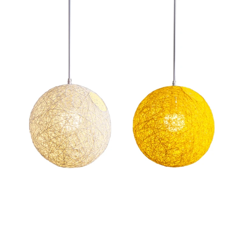 

2 Pcs Bamboo, Rattan And Hemp Ball Chandelier Individual Creativity Spherical Rattan Nest Lampshade - White & Yellow