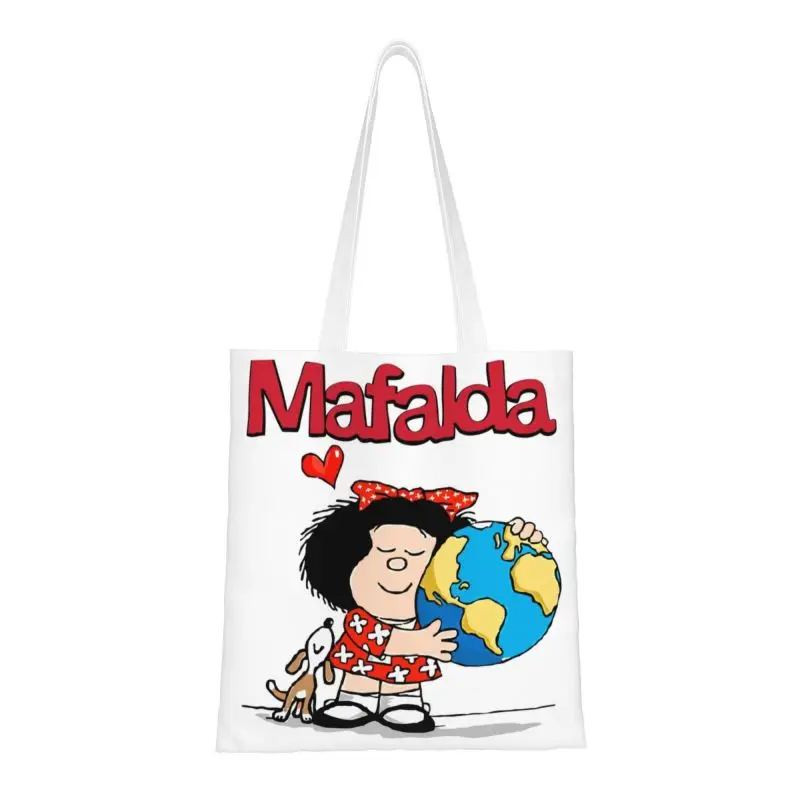 

Mafalda World And Her Puppy Grocery Shopping Bags Kawaii Printed Canvas Shopper Shoulder Tote Bag Quino Comic Cartoon Handbag