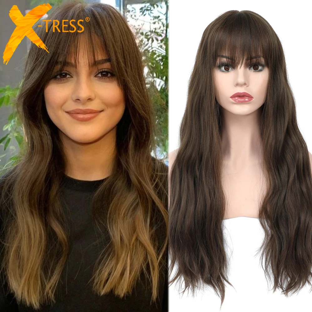 Long Natural Wave Ash Brown Synthetic Hair Wig With Finger Bangs Glueless Machine Made Heat Resistant Wigs X-TRESS Cosplay Party |