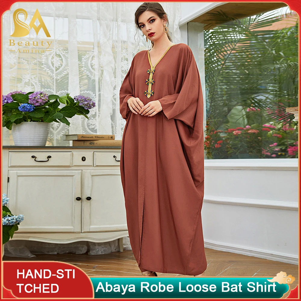 Long Dress Cape Neckline Gold Trim Diamond Loose Bat Shirt Middle East Dress Muslim Dress Abaya Robe Ethnic Skirt Abaya Robe