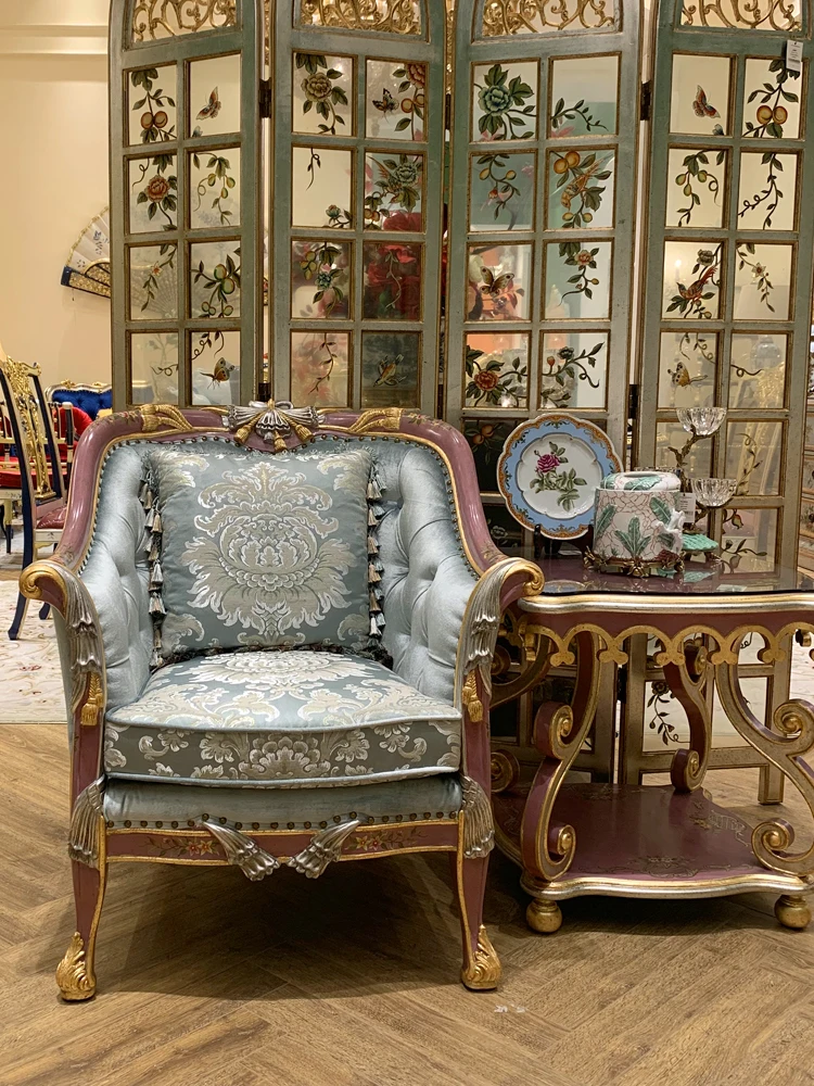 

Romantic furniture solid wood sofa chair painted carved gold villa living room luxury leisure chair