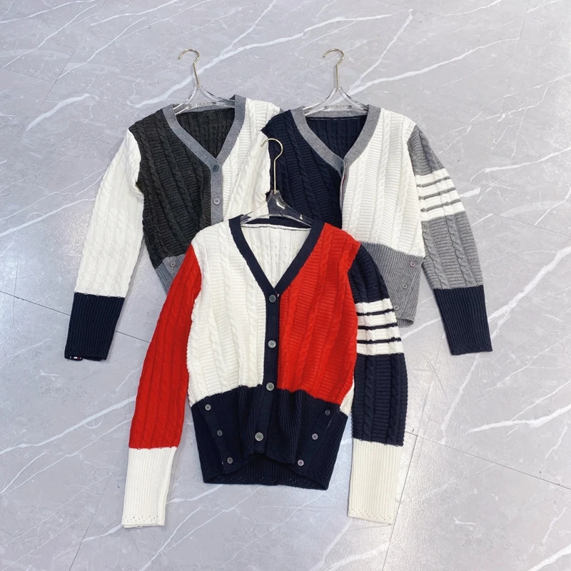 

tb college wind sweater jacket autumn and winter loose sweater V-neck twist knitted color matching cardigan soft waxy