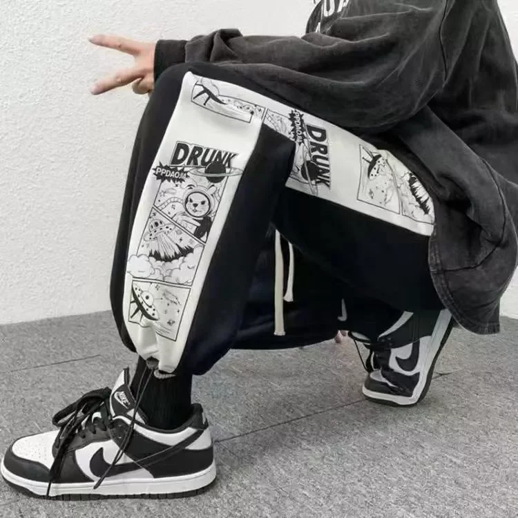 

men's loose all-match design sense niche wide-leg sports pants spring large size sweatpants cartoon fried street pants