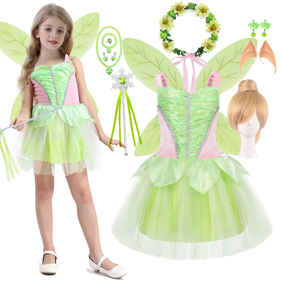 

Disney Tinker Bell Fairy Dress for Girls 2023 Princess Kids Cosplay TinkerBell with Wings Fancy Birthday Party Green Costume