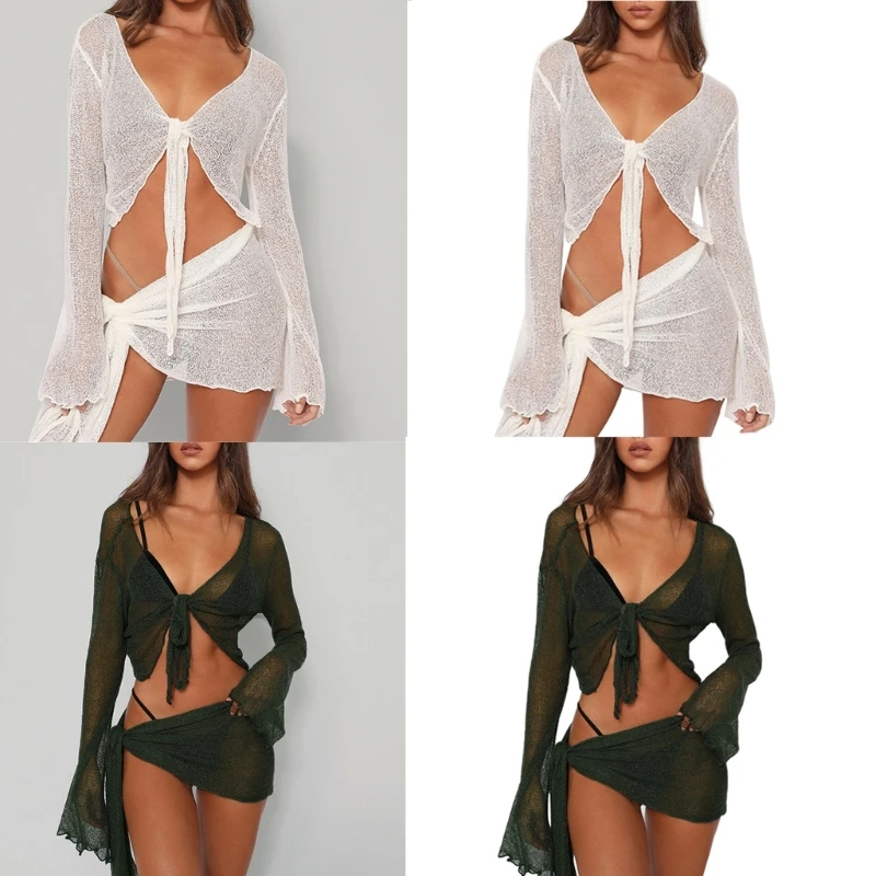 

Womens 2 Piece See Through Mesh Beach Swimsuit Cover Up Set Sheer Flared Long Sleeve Crop Top and Side Tie Mini Skirt