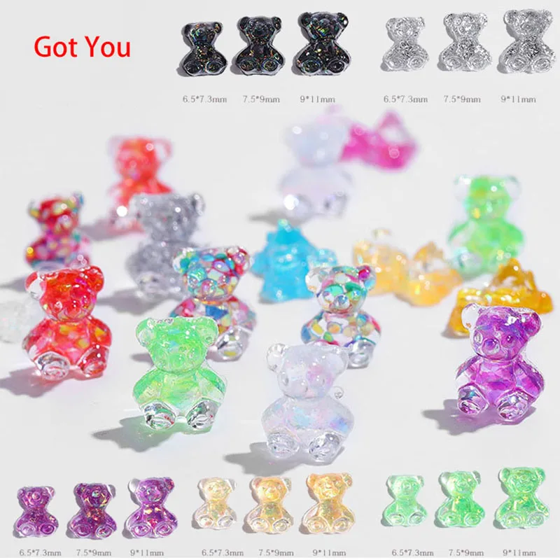 

6pcs Cute Bear Nail Art Rhinestone Mixed 3D Nails Jewelry Nail Aurora Resin Bears Ornaments Charms Manicure Gem DIY Accessories