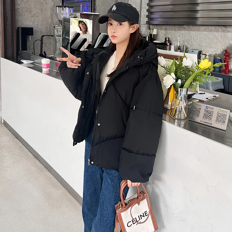 Solid Puffer Hooded Jacket Teenage Girls Korean Fashion Trends Sweet Streetwear Womens Warm Bubble Coats Winter Casual Parkas