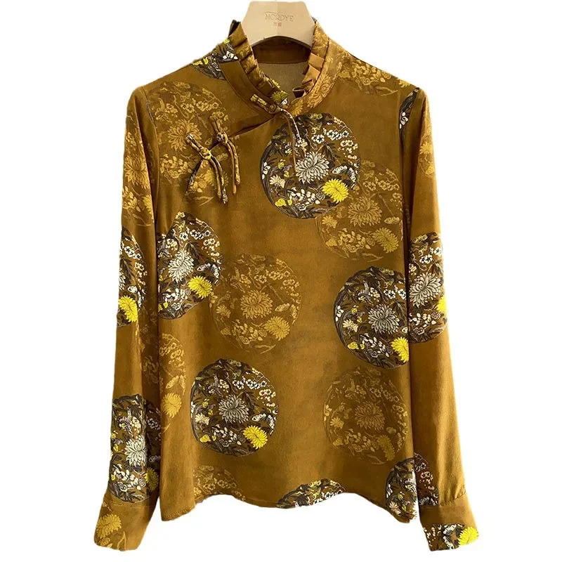 

Satin Floral Women's Shirts Silk Chinese Style Blouses O-Neck Ladies Clothing Loose Long Sleeves FASHION Vintage Tops YCMYUNYAN