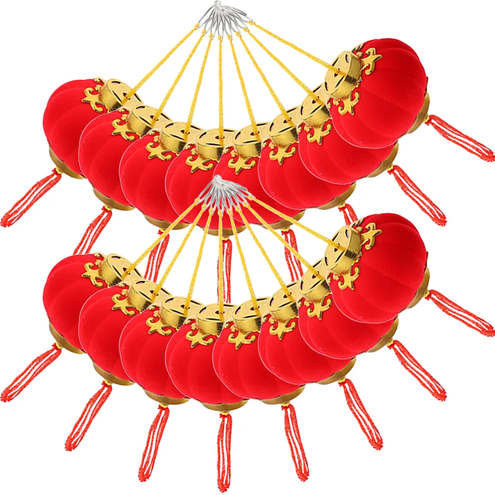 

16 Pcs New Year Lantern Ornaments Outdoor Lantern New Year Party Favors Decorations Red Lantern Flocking Cloth Car Mirror Charms