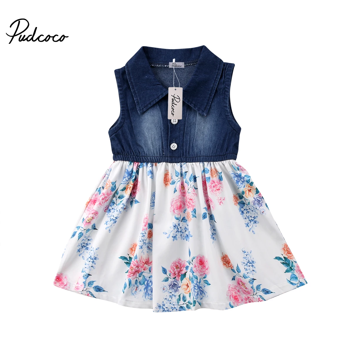 

Новинка 2018, Брендовое летнее джинсовое мини-платье-пачка без рукавов для маленьких девочек и малышей