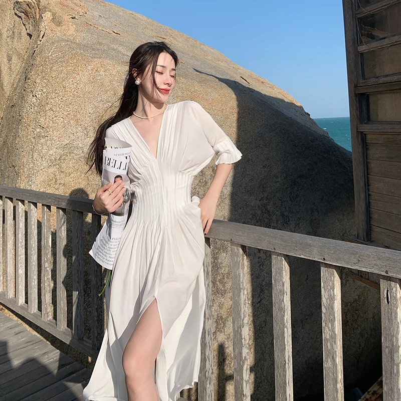 

White Beach Style Women's Sexy Dresses Split Large Size Holiday V-Neck Elegant Summer Loose High Waist Female Clothing Folds