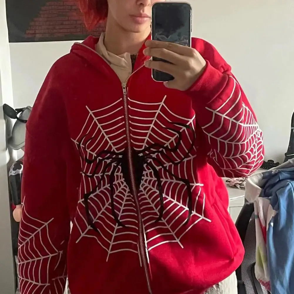 

Women Hoodies Spider-Web Printed Punk Hooded Coat Gothic Style Vintage Zip-Up Autumn Winter Sweatshirt
