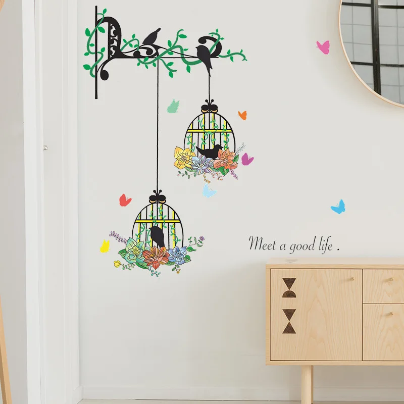 Цветочный кластер клетка для птиц Настенная Наклейка гостиной спальни фон