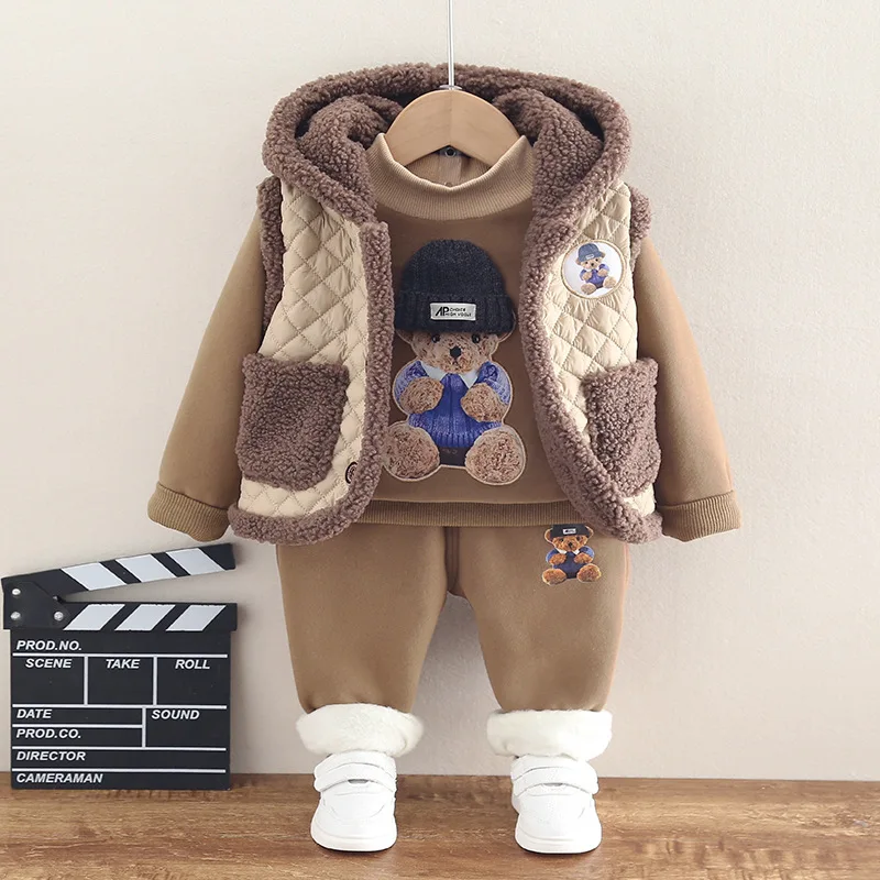 

Boys' Winter Clothing Kit Children 0-3 Years Old Cartoon Hoodie Baby Plus Fleece Thickened Three-piece Set