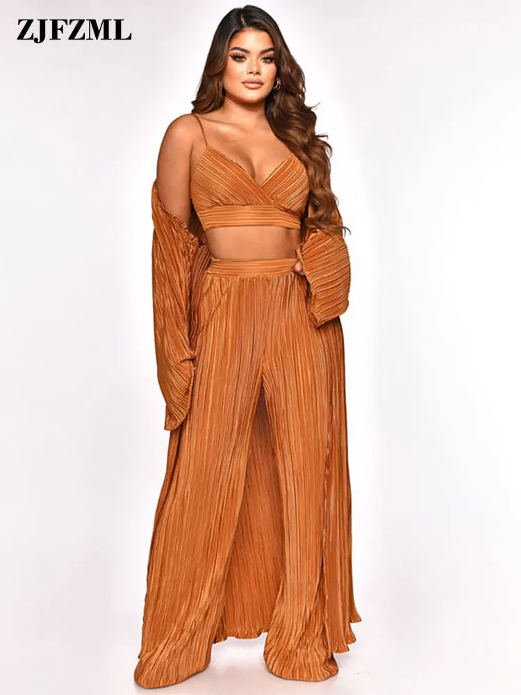 

Elegant Fashion 3 Piece Matching Sets for Women Outfits Deep V Neck Bandage Bra Top + Long Sleeve Open Stitch + Straight Trouser