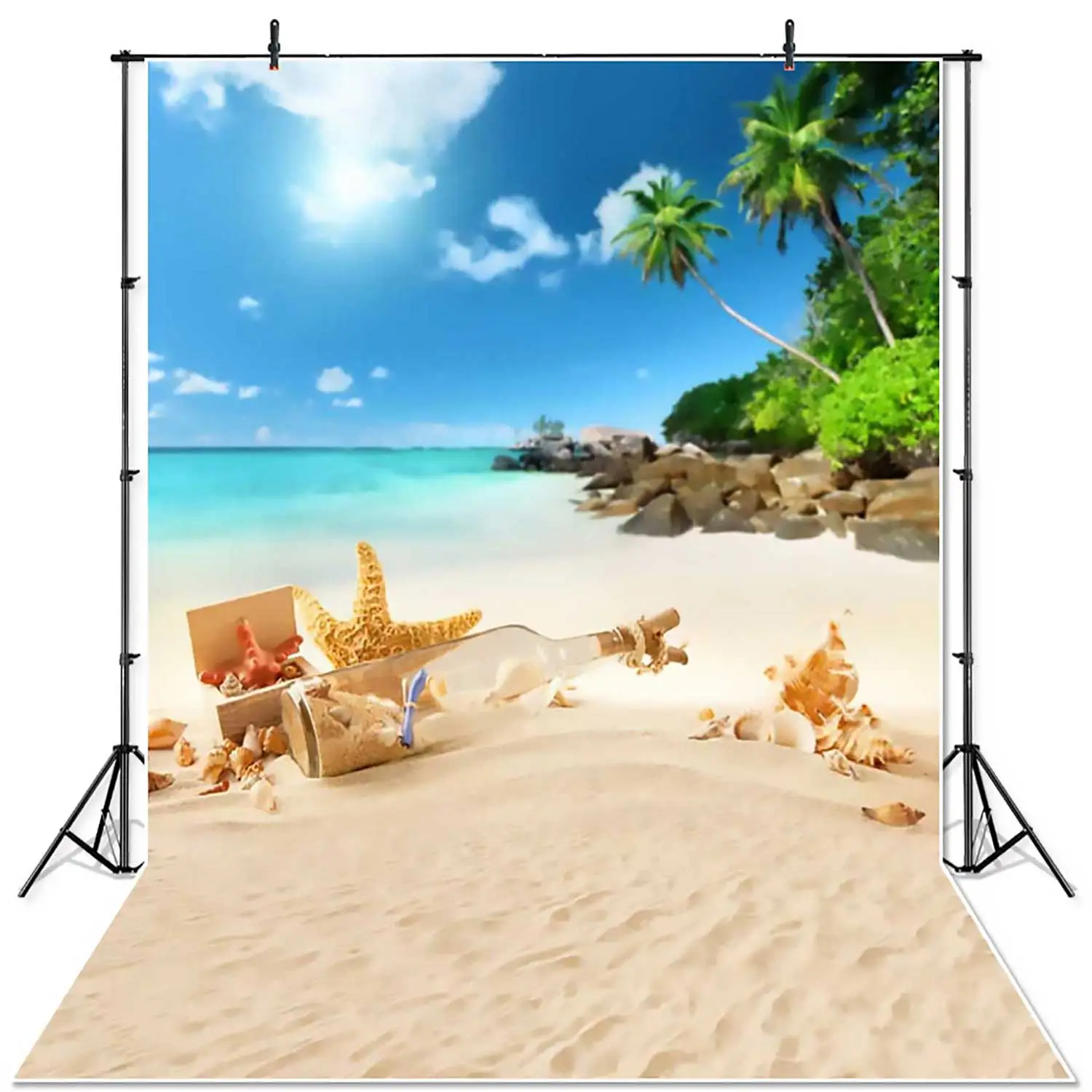 

NeoBack Sea Beach Sand Cloudy Blue Sky Scene Summer Photography Backdrop for Photo Studio Tropical Palms Coconut Tree Background