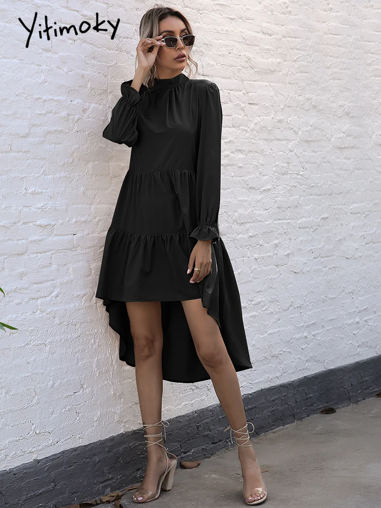 

Yitimoky Asymmetrical Dress for Women Puff Sleeve Half High Collar High Street Splice Long Sleeve Pullover Dresses Vintage 2022