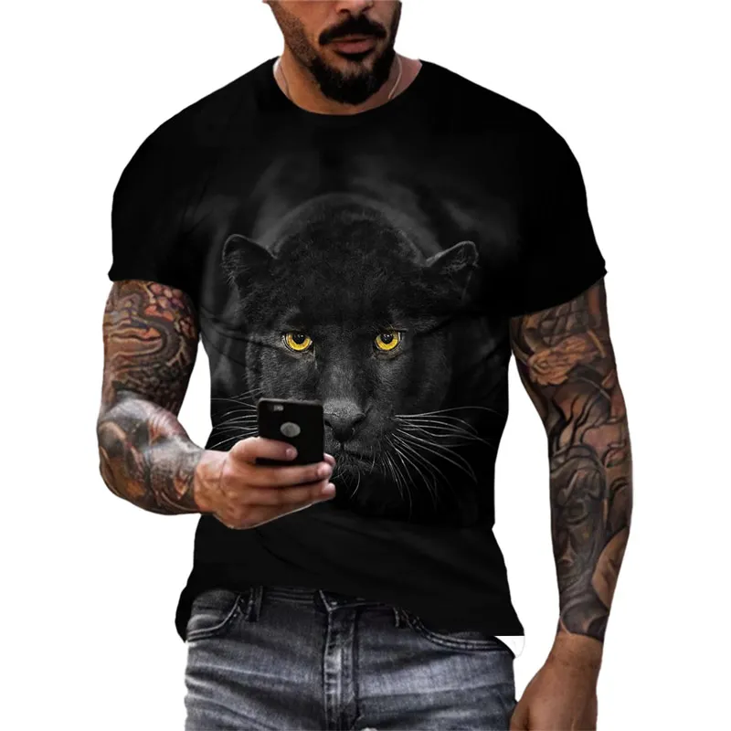 

New Personalized Black Panther T-shirt Summer Trend Men's Casual Trend Short Sleeve 3D Printed Animal Tough Guy O Neck Top 6XL