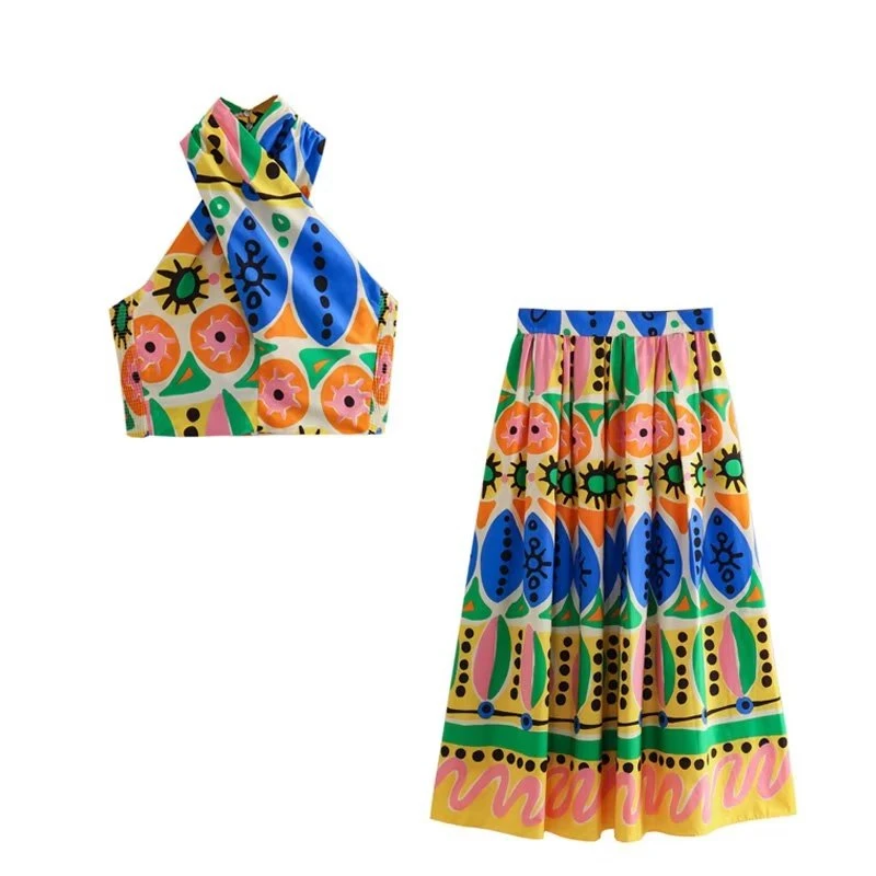 

2023 Summer New Sexy Backless Printed Halter Neck Top High Waist Slim Pleated Skirt Set
