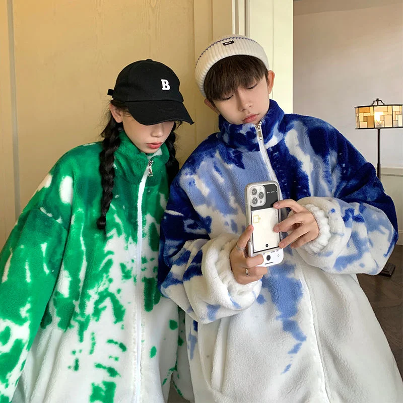 Winter Jacket Men Warm Fashion Tie Dye Thicke Lamb Wool Jackets Mens Streetwear Korean Loose Oversized Short Coat Men Clothes