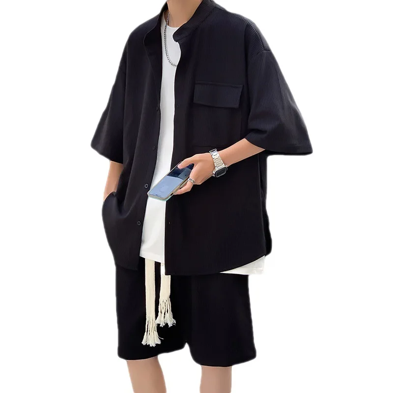 Men Clothing 2023 Summer Loose Casual Ice Silky Drape Men's Sets Simple All Match Single Breasted Shirt + Shorts High Quality