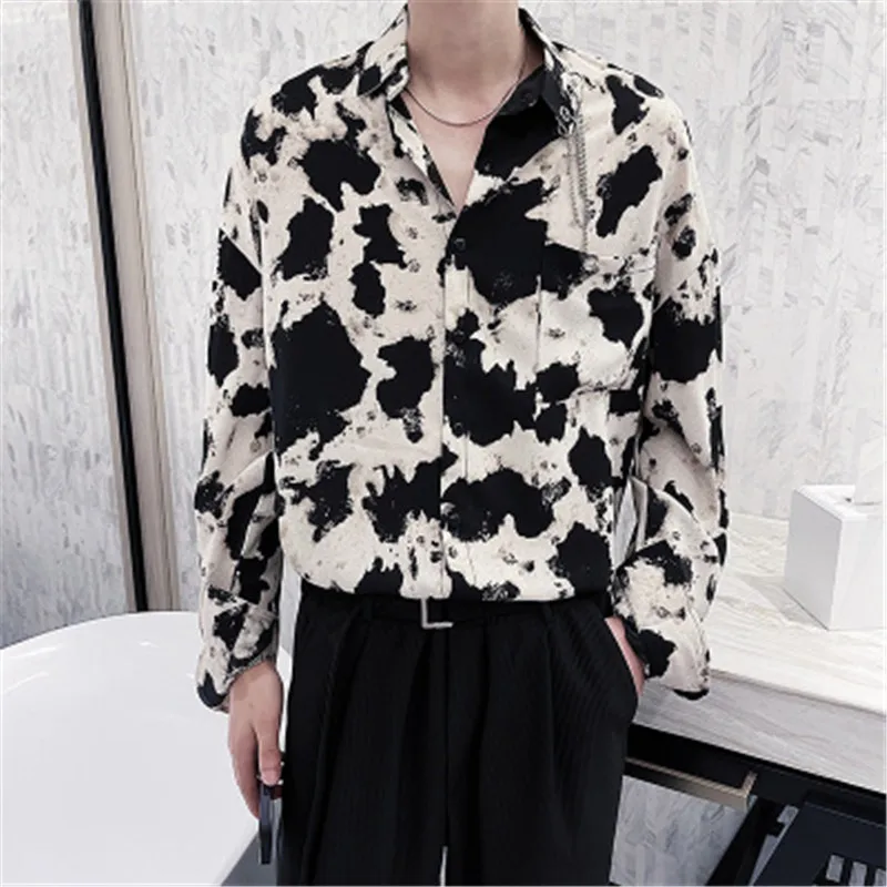 Oversized Shirt Men Style Loose Shirt Print Chain Design Male Full Length Blouse Hawaiian Shirts Korean Fashion Clothing 2022
