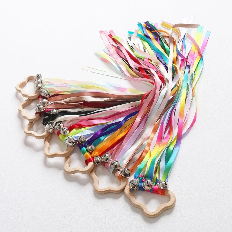 

Rainbow Natural Wooden Ribbon Ring Baby Teether Newborn Sensory Toy Shower Gift