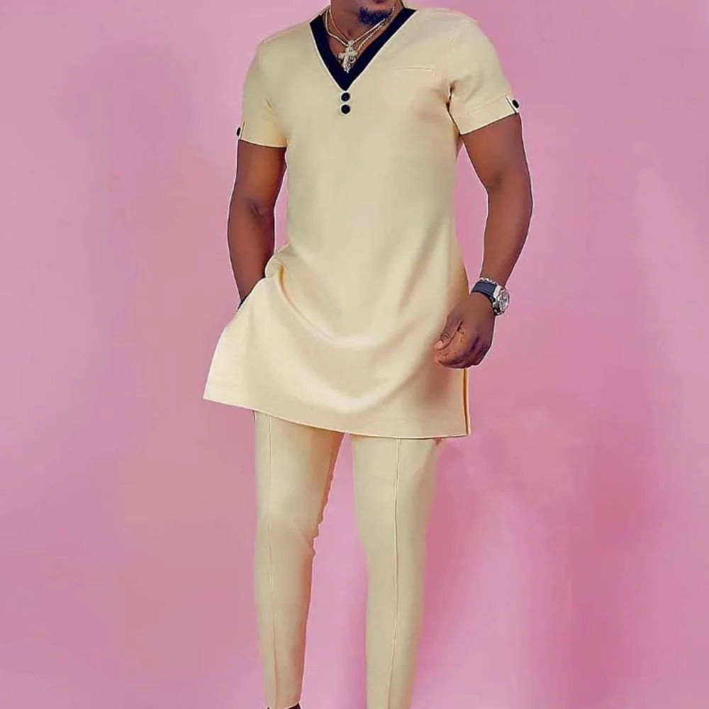 

Мужской костюм из двух предметов, однотонный простой Рамадан в этническом стиле, мужской повседневный костюм с короткими рукавами и V-образ...