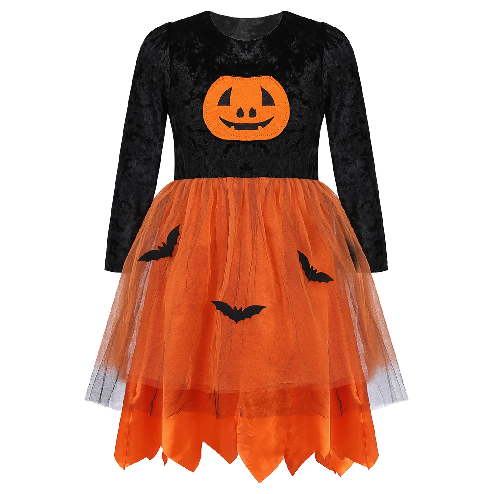 

Kids Girls Halloween Pumpkin Bat Costume Cosplay Party Dress Long Sleeve Dress Up Clothes Carnival Roleplay Tulle Tutu Dress